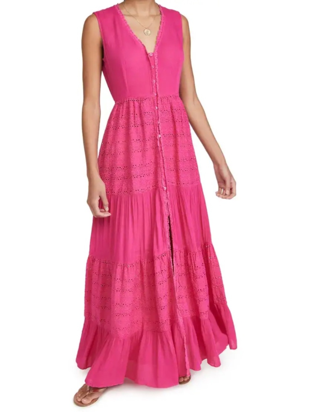 Playa Lucila Hot Pink Eyelet Maxi Dress, Small NWT Gauze Tiered Cotton Vacation